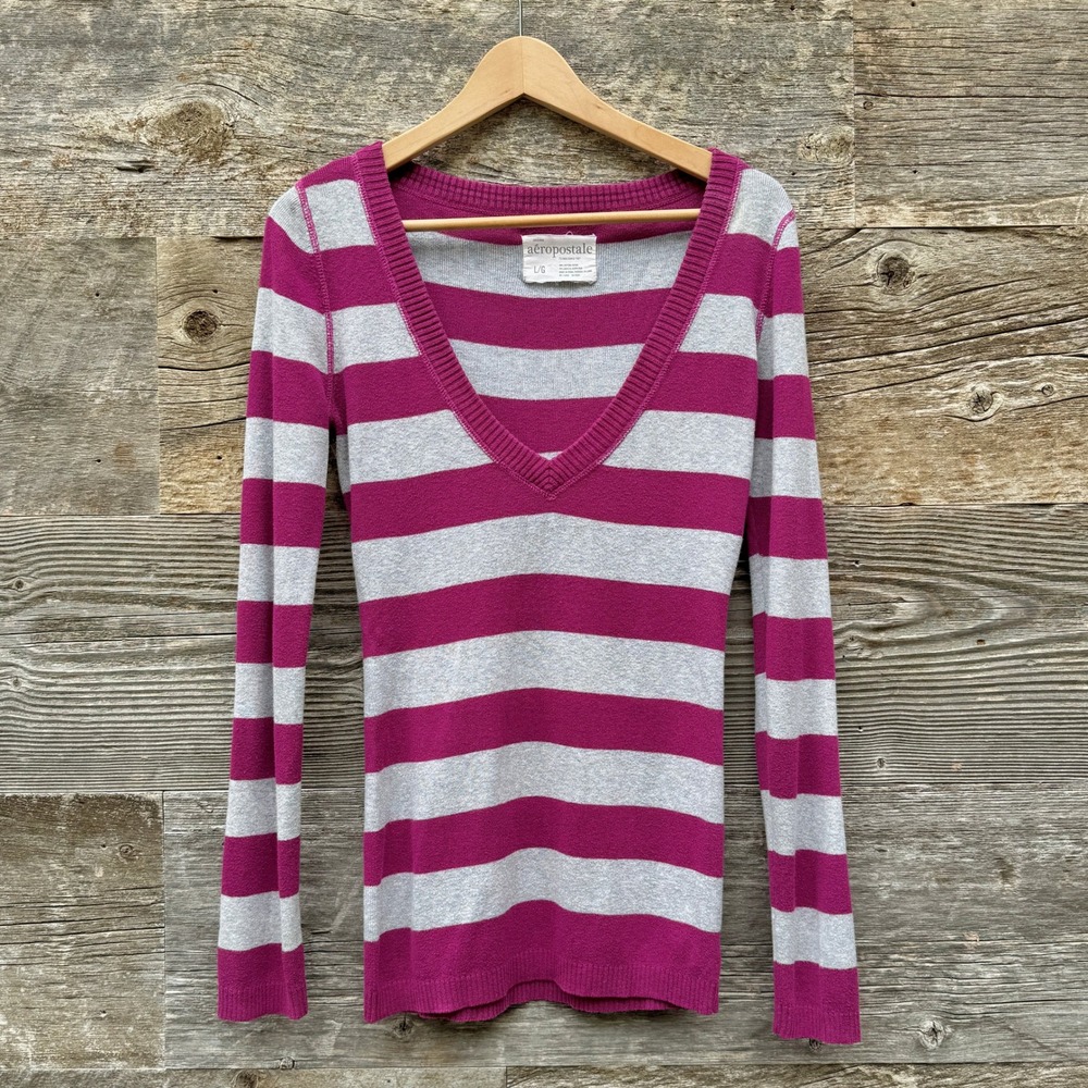 Aeropostale VTG Y2K Striped V-Neck Long Sleeve Sweater L Pink Grey Bella Indie